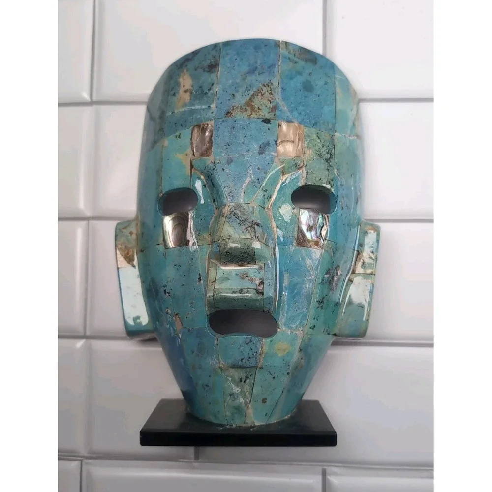 Vintage Art Sculpture Abalone Shell Pearl Mayan/Aztec Mask Blue Turquoise Displa